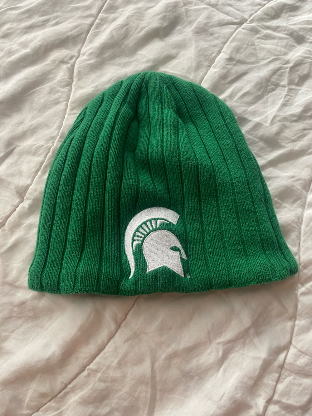 Vintage STARTER Green Ribbed Fleece Lined Beanie Hat with White MSU Spartan Logo